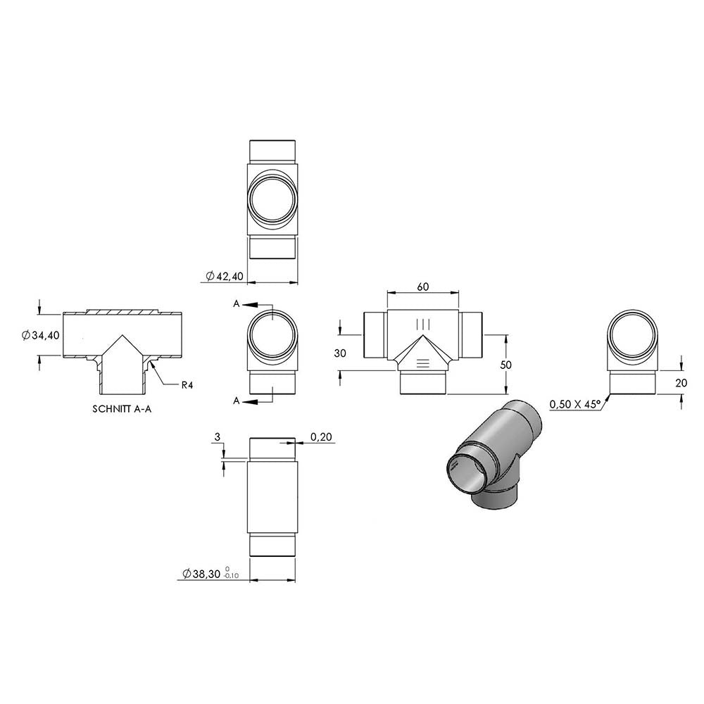 T-Stück mit 3 gleichen Abgängen, für Rohr 42,4 x 2,0mm, in V4A Edelstahl
