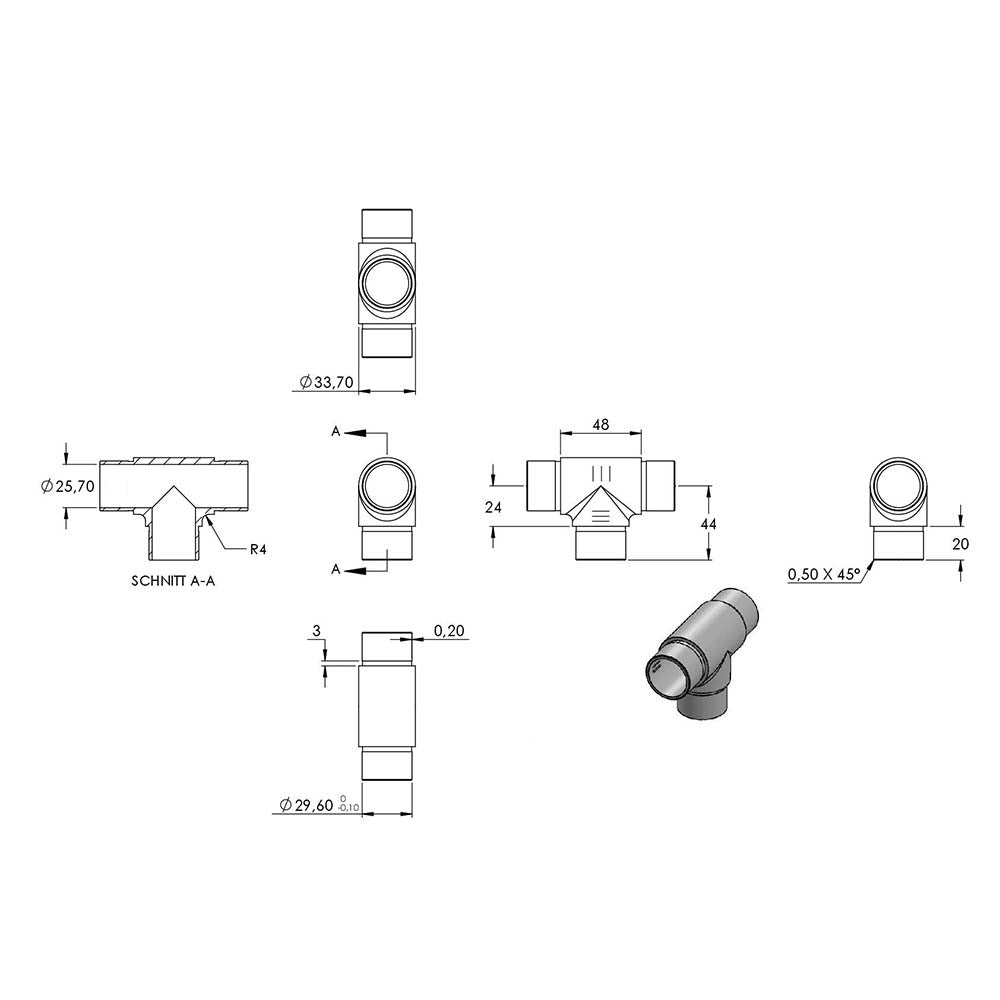 T-Stück mit 3 gleichen Abgängen, für Rohr 33,7 x 2,0mm