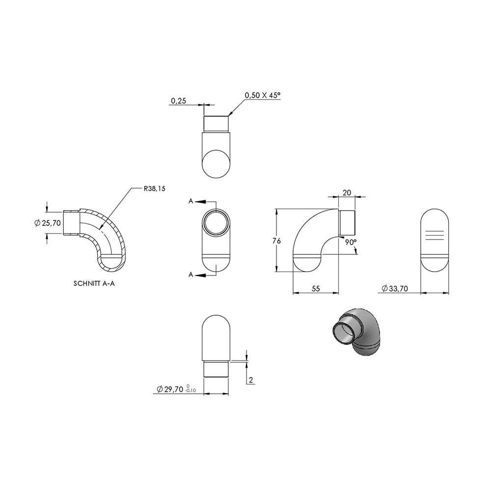 Endbogen 90°, runder Abschluss, zum Stecken und Kleben, für Rohr 33,7 x 2,0mm