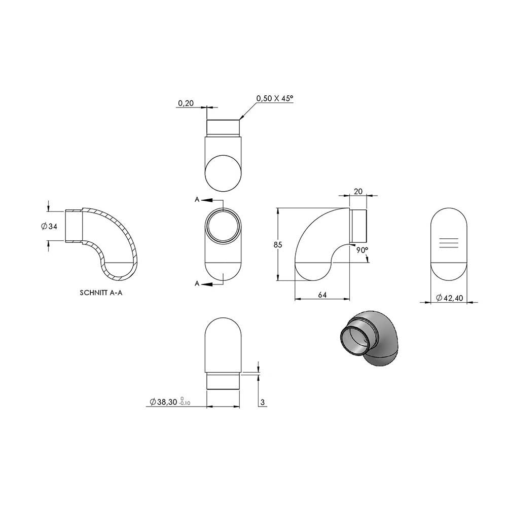 Endbogen 90°, runder Abschluss, zum Stecken und Kleben, für Rohr 42,4 x 2,0mm