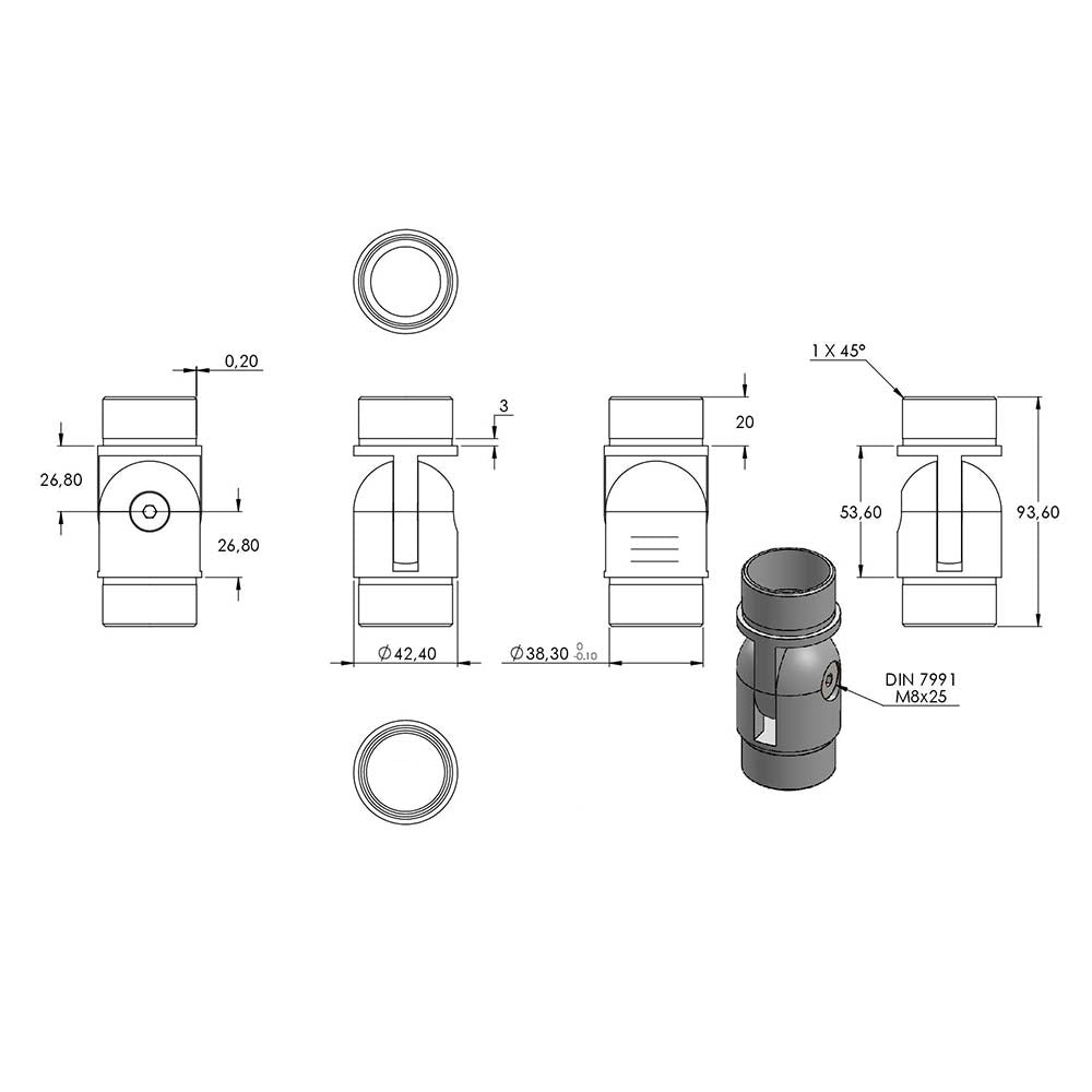 Gelenkstück variabel, zum Stecken und Kleben, für Rohr 42,4 x 2,0mm, in V4A
