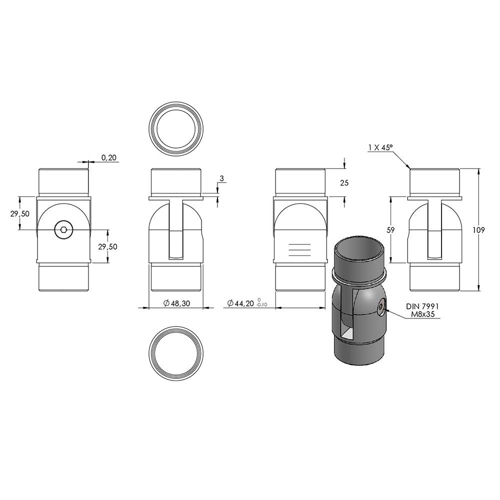 Gelenkstück variabel, zum Stecken und Kleben, für Rohr 48,3 x 2,0mm