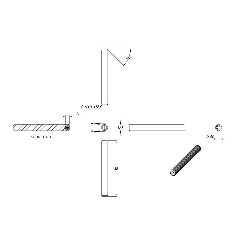 Gewindestift mit Kegelkuppe (flacher Kopf), mit Innensechskant, M5 x 45mm, DIN 913 / ISO 4016, 10er Pack