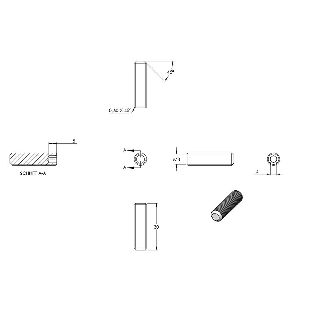 Gewindestift, M8 x 30mm, mit Innensechskant, aus V2A Edelstahl