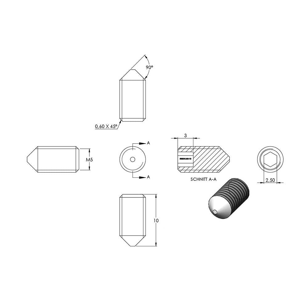Gewindestift mit Spitze, mit Innensechskant, M5 x 10mm, DIN 914 / ISO 4027, 10er Pack