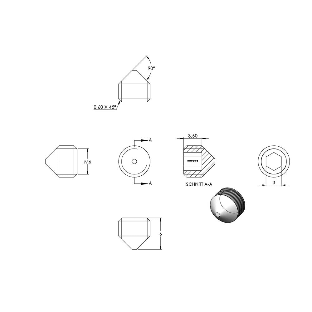 Gewindestift mit Spitze, mit Innensechskant, M6 x 6mm, DIN 914 / ISO 4027, 10er Pack