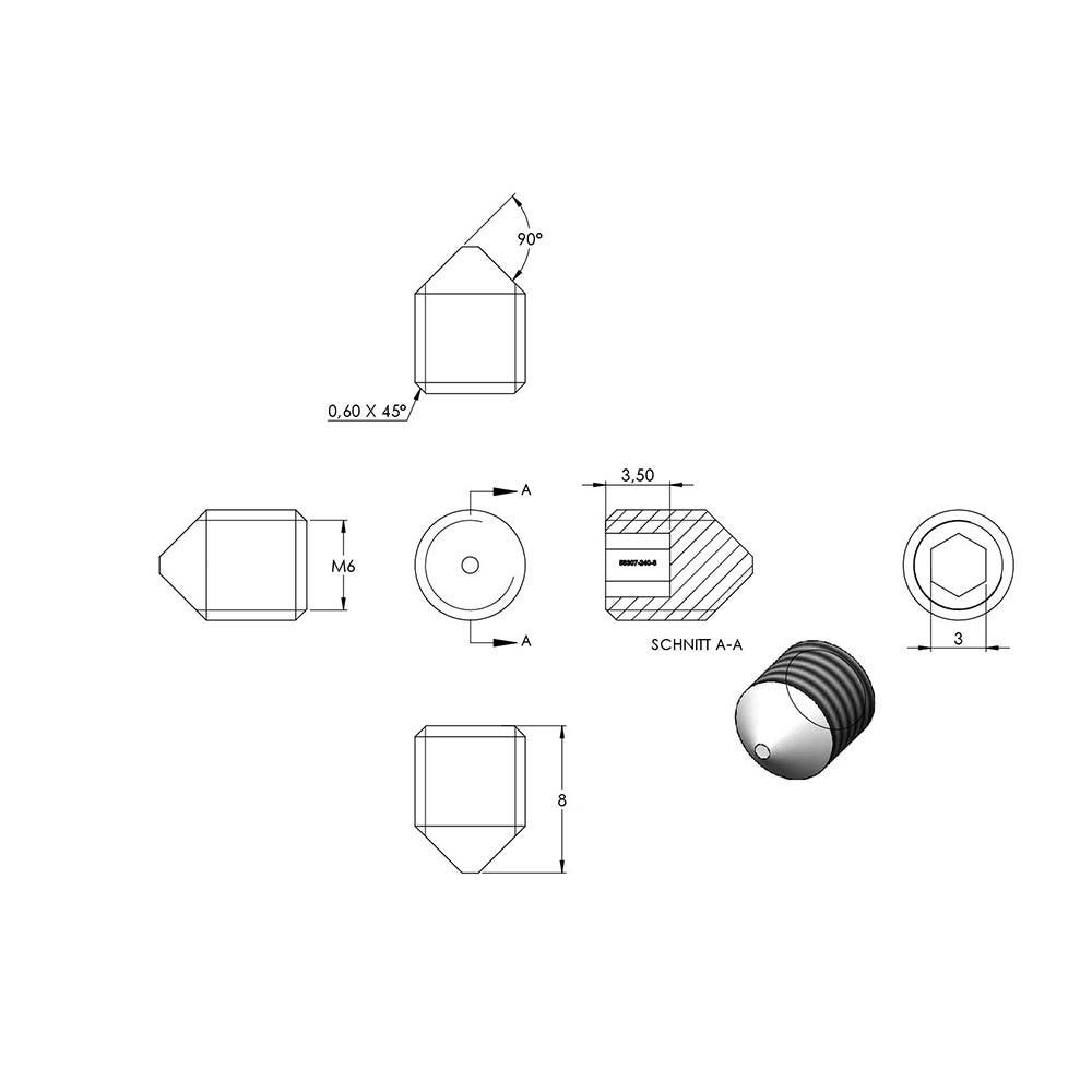 Gewindestift mit Spitze, mit Innensechskant, M6 x 8mm, DIN 914 / ISO 4027, 10er Pack