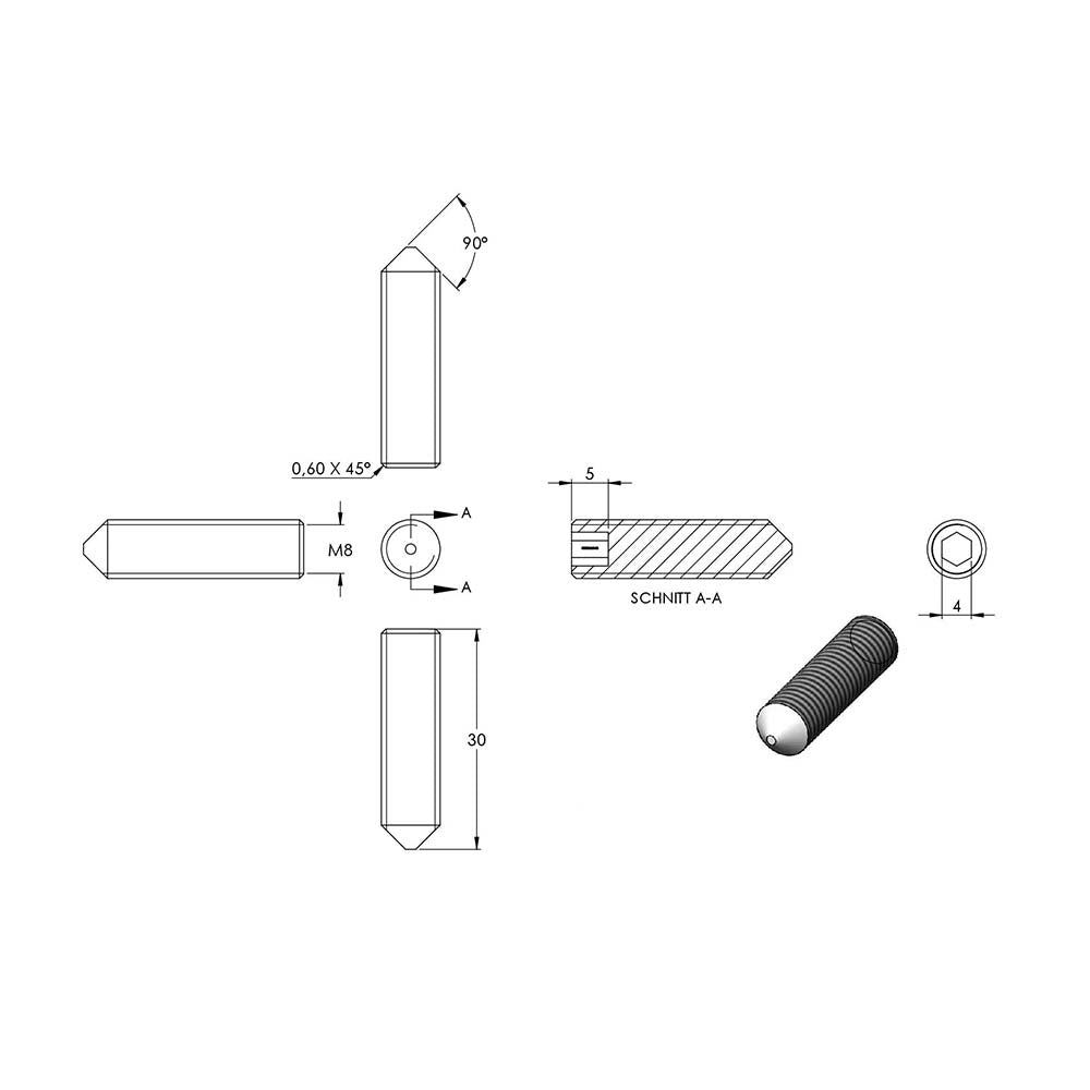 Gewindestift mit Spitze, mit Innensechskant, M8 x 30mm, DIN 914 / ISO 4027, 10er Pack