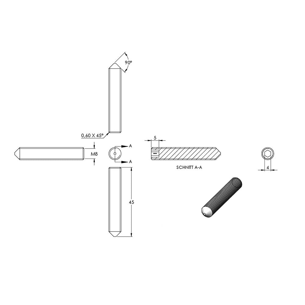 Gewindestift mit Spitze, mit Innensechskant, M8 x 45mm, DIN 914 / ISO 4027, 10er Pack