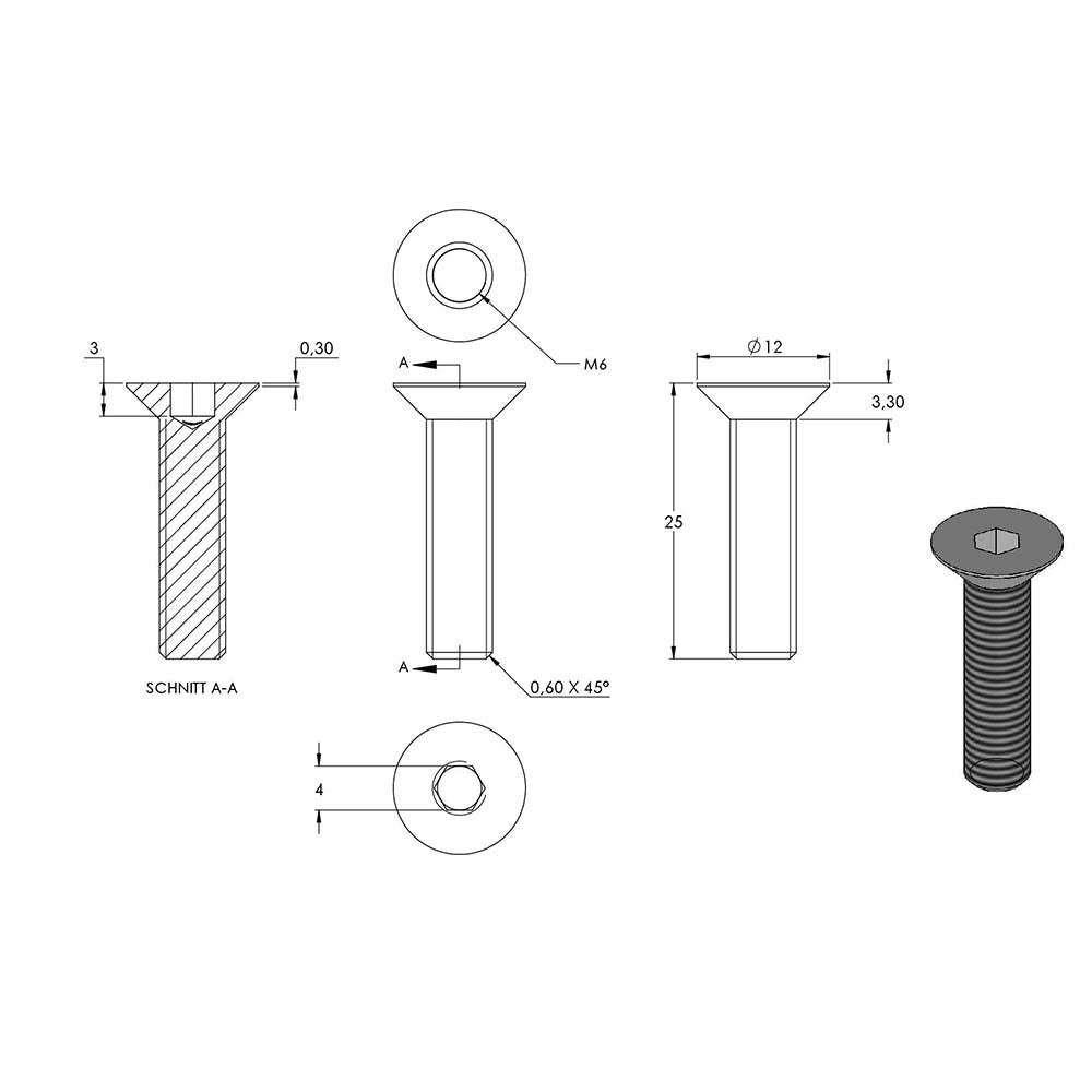 Senkkopfschraube mit Innensechskant, M6 x 25mm, ISO 10642, 10er Pack