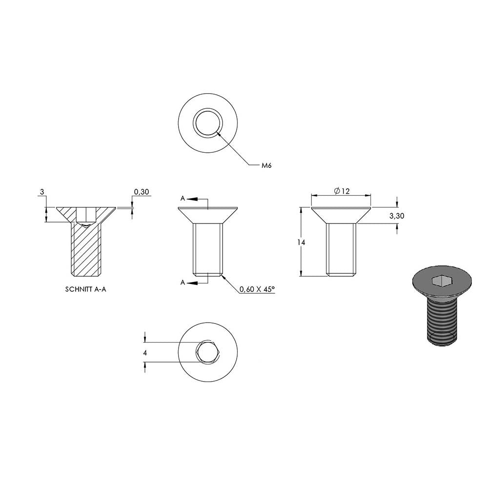 V4A Senkkopfschraube mit Innensechskant, M6 x 14mm, ISO 10642, 10er Pack