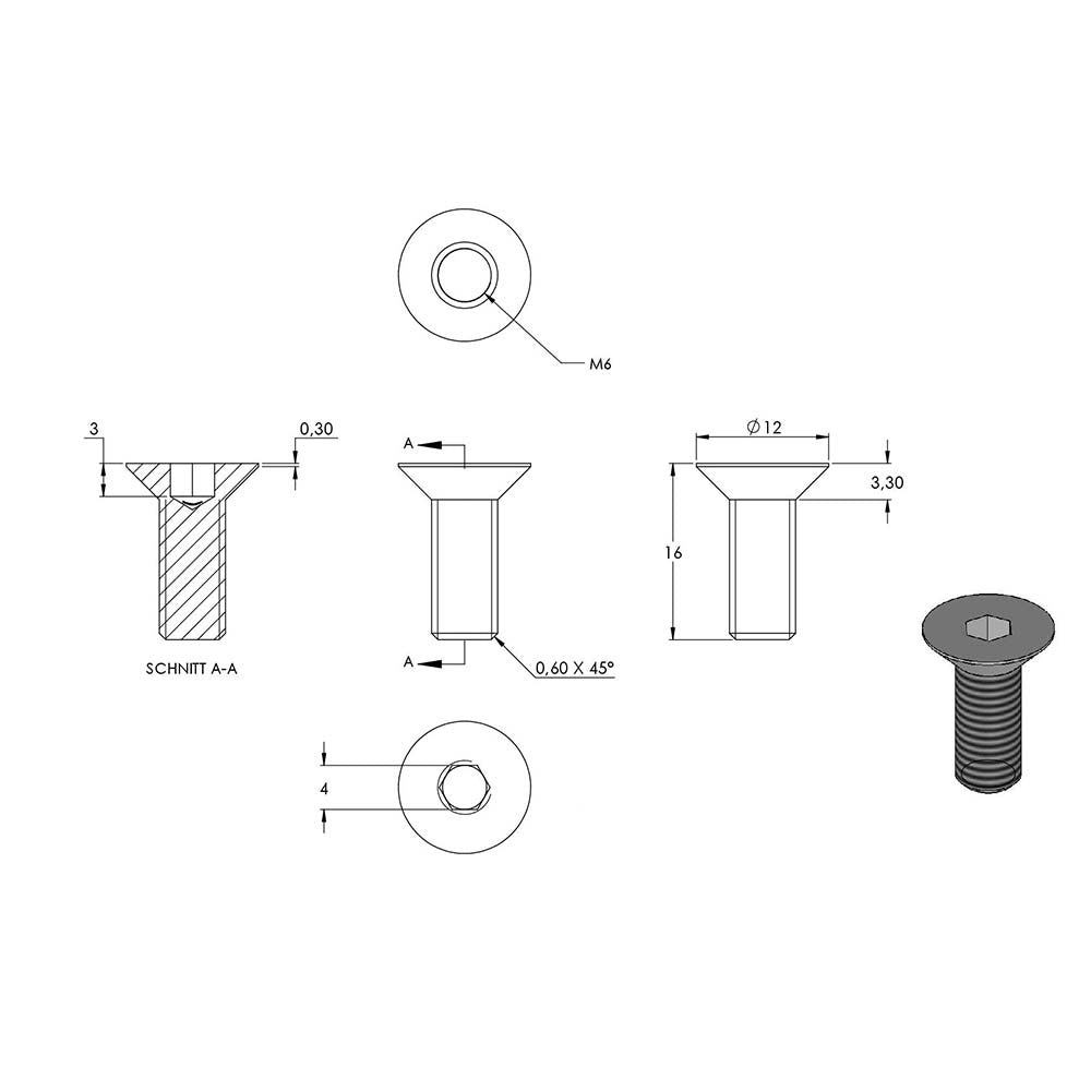 V4A Senkkopfschraube mit Innensechskant, M6 x 16mm, ISO 10642, 10er Pack