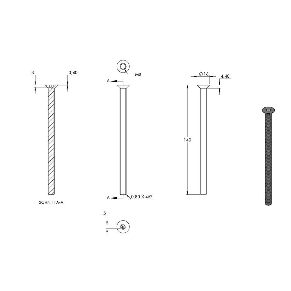 Senkkopfschraube mit Innensechskant, M8 x 140mm, ISO 10642, 10er Pack