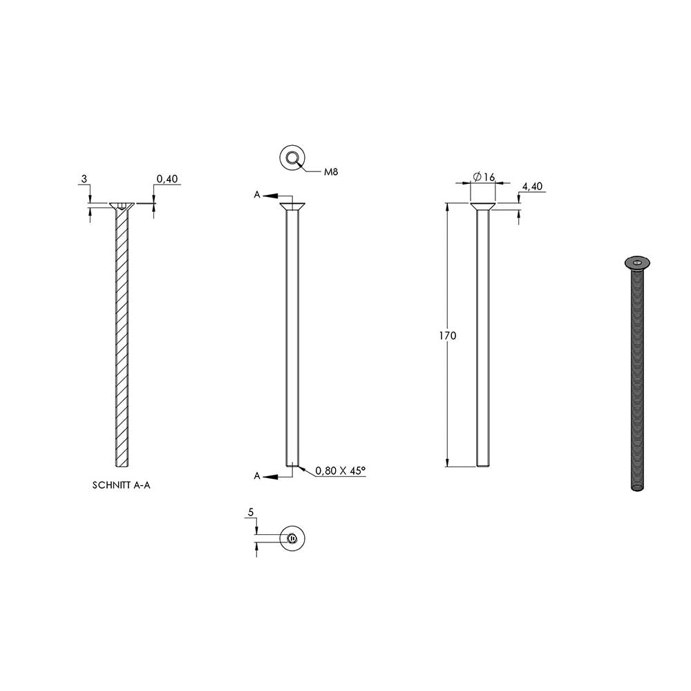 Senkkopfschraube mit Innensechskant, M8 x 170mm, ISO 10642, 10er Pack
