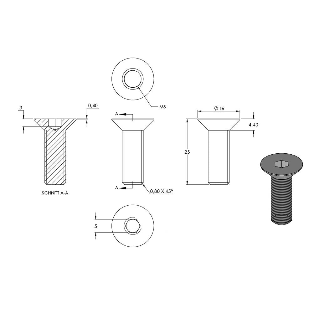 Senkkopfschraube mit Innensechskant, M8 x 25mm, ISO 10642, 10er Pack