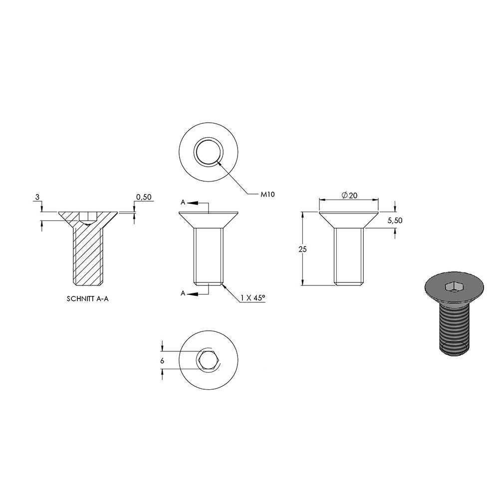 Senkkopfschraube mit Innensechskant, M10 x 25mm, ISO 10642, 10er Pack