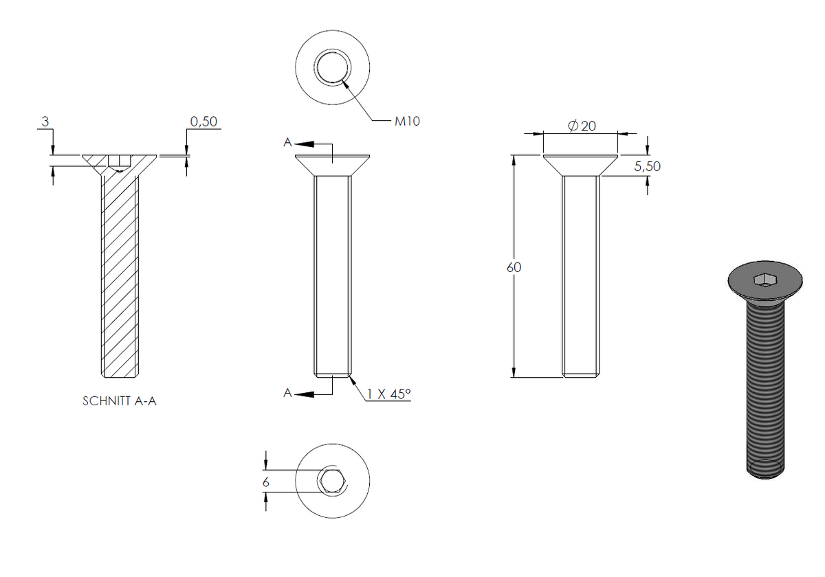 Senkkopfschraube M10 x 60mm mit Innensechskant, aus V2A Edelstahl