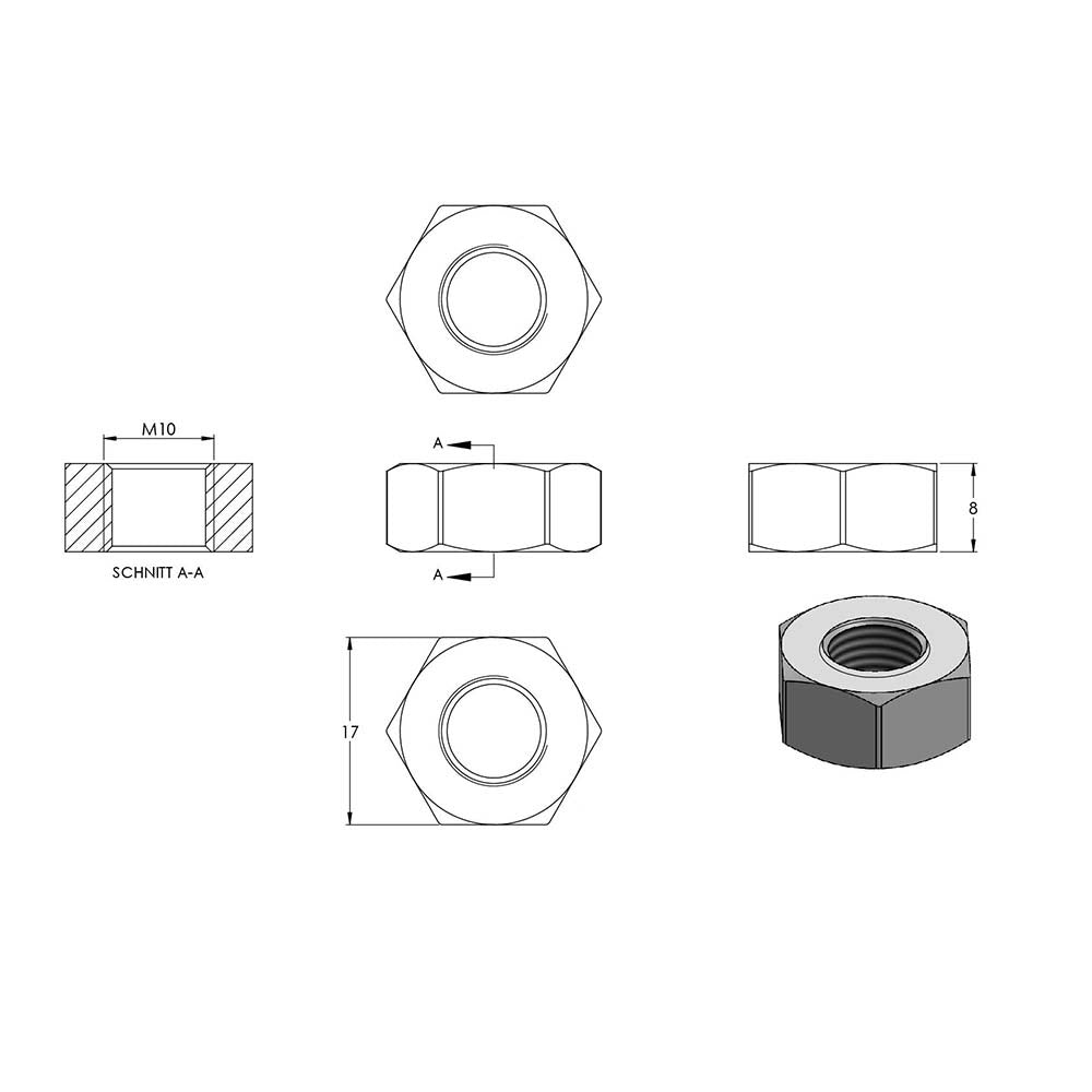 Sechskantmutter, M10, DIN 934, 10er Pack