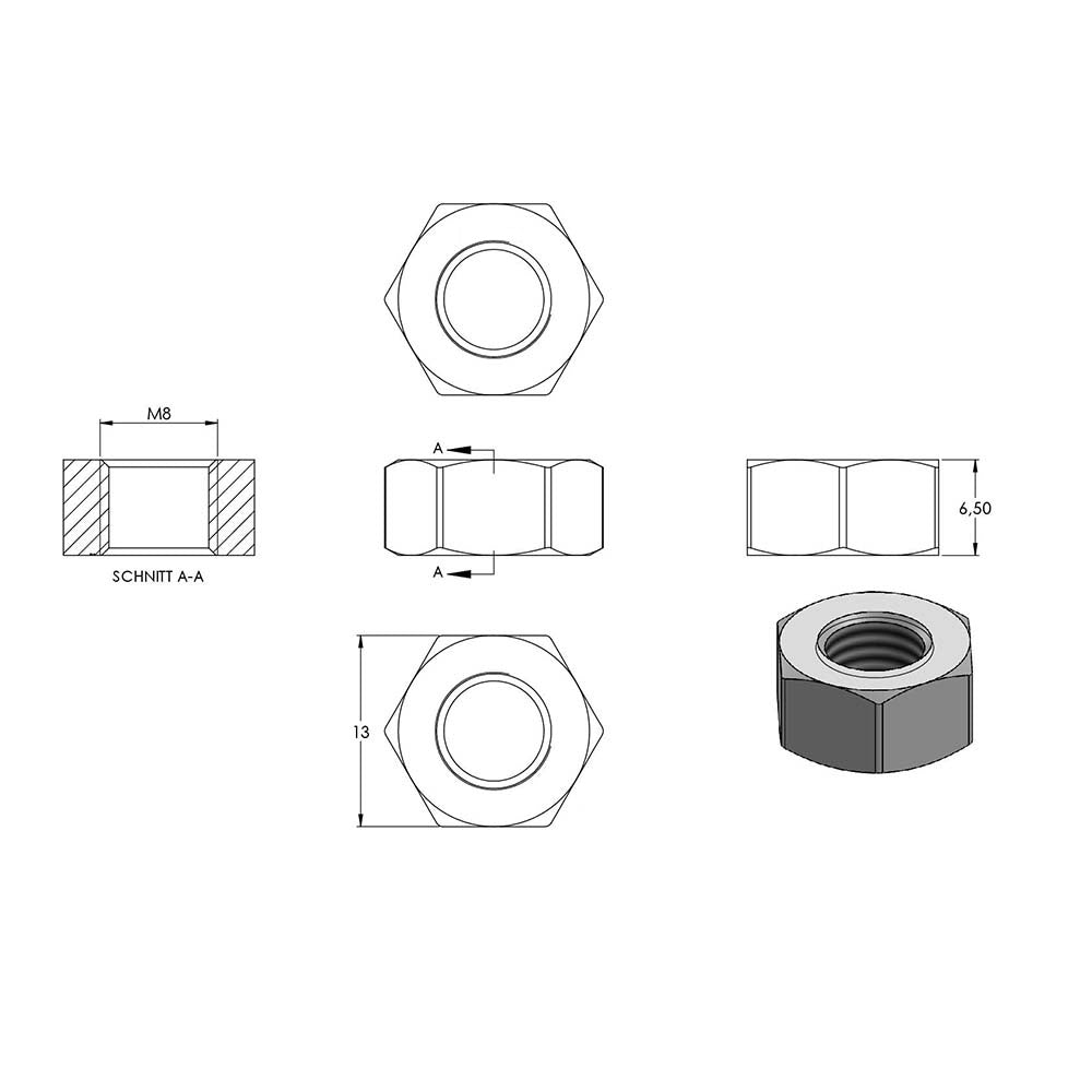 Sechskantmutter, M8, DIN 934, 10er Pack