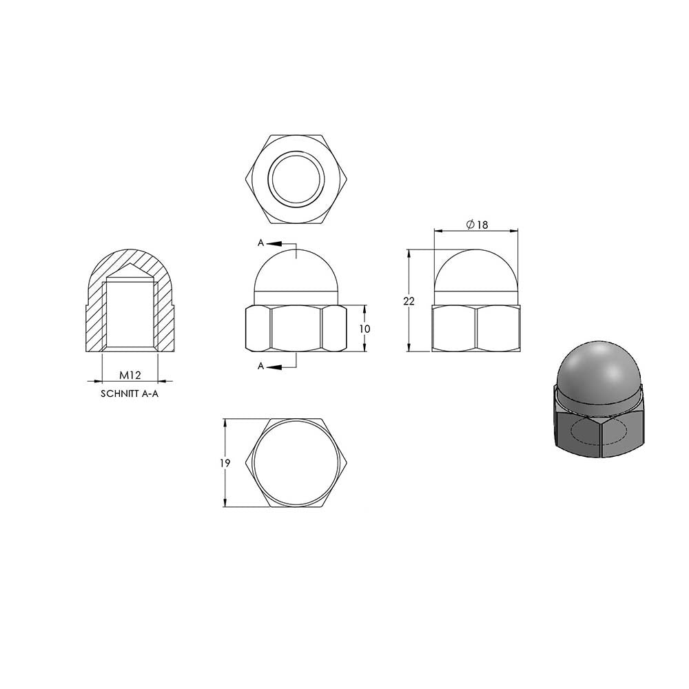Sechskant-Hutmutter, M12, DIN 1587, 10er Pack