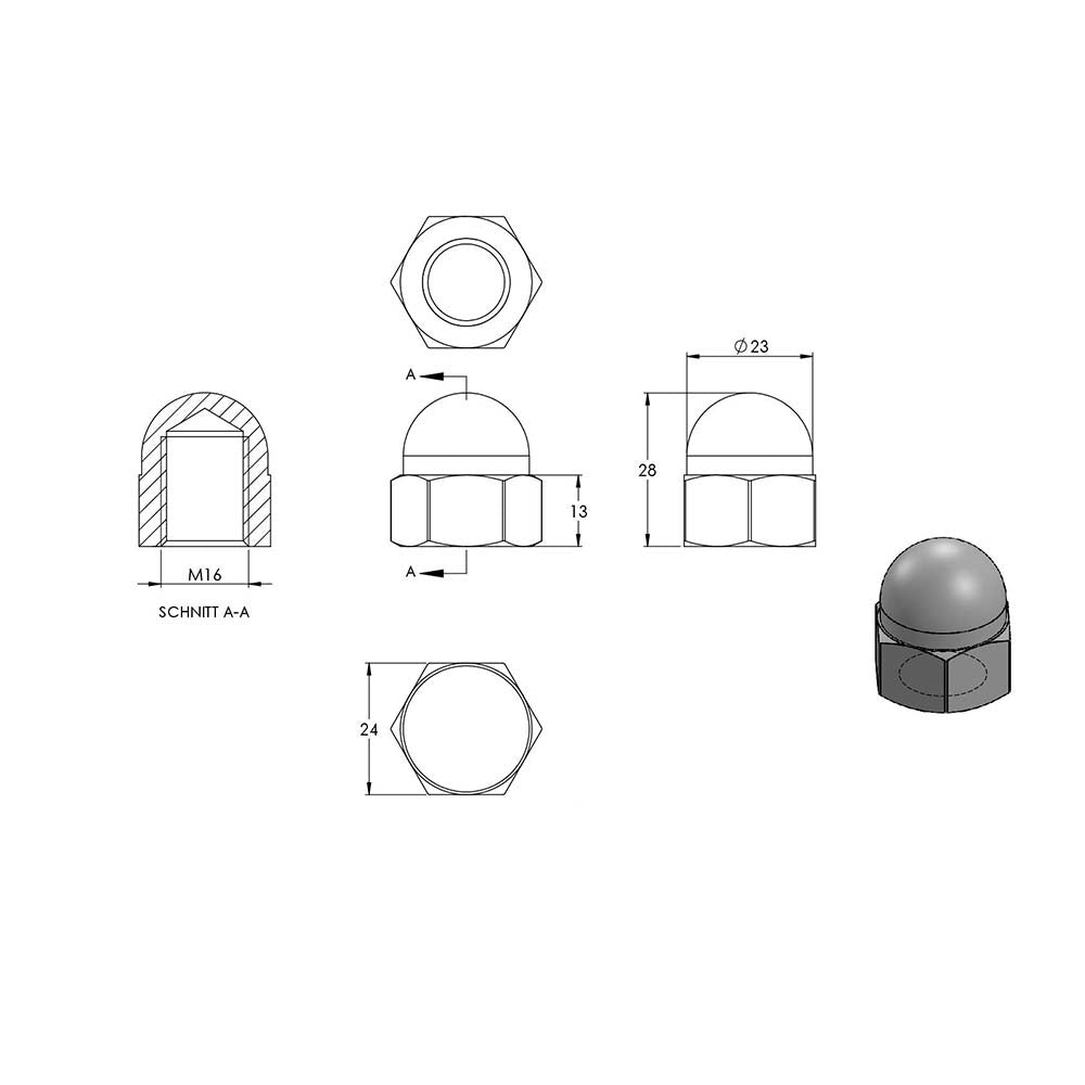 Sechskant-Hutmutter, M16, DIN 1587, 10er Pack