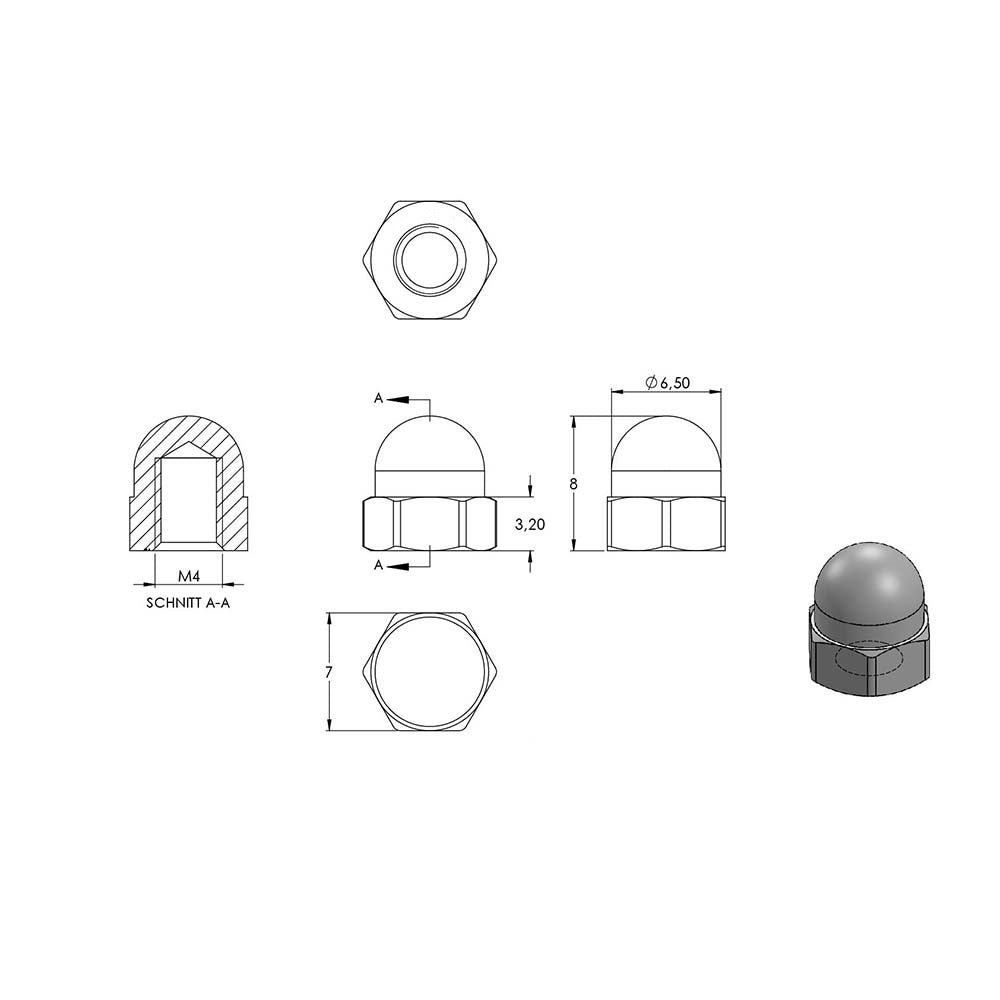 Sechskant-Hutmutter, M4, DIN 1587, 10er Pack