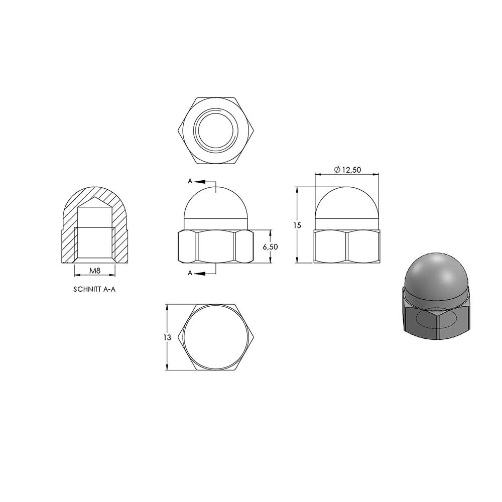 Sechskant-Hutmutter, M8, DIN 1587, 10er Pack