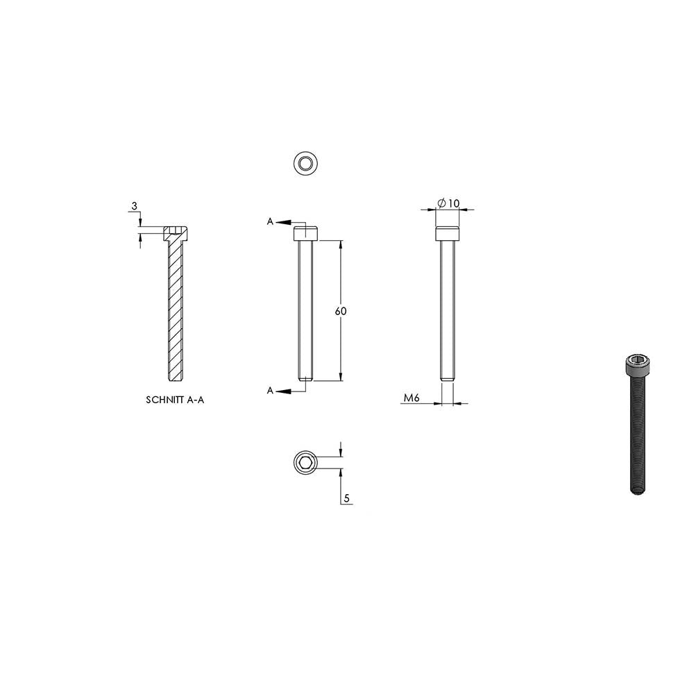 Zylinderkopfschraube mit Innensechskant, M6 x 60mm, DIN 912, 10er Pack