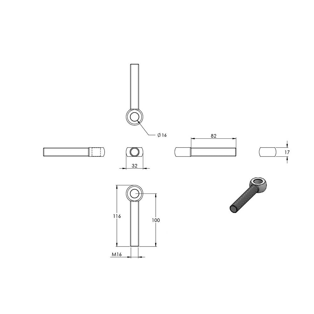 Augenschraube mit Gewinde bis Auge, M16 x 100mm, Durchmesser Auge ø 16mm, DIN 444