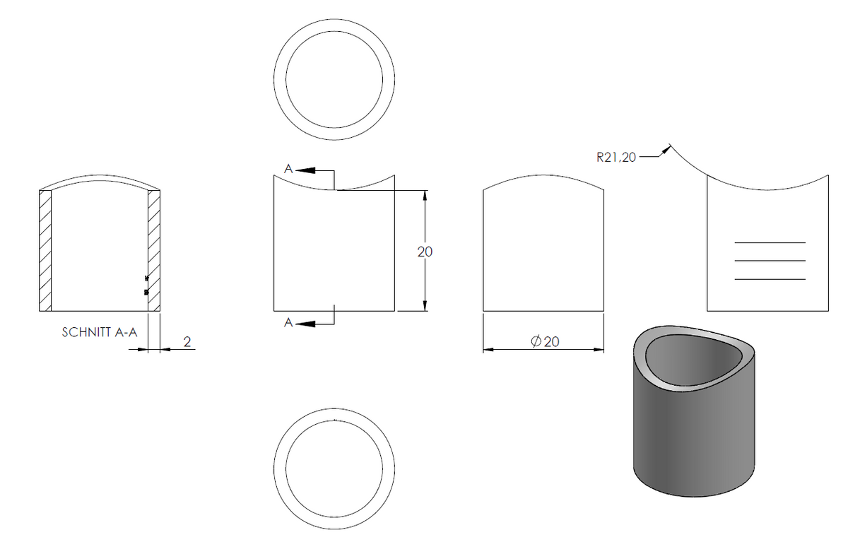 Distanzhülse ø 20 x 2mm, Länge 20mm, einseitig ausgefräst für Rohr ø 42,4mm