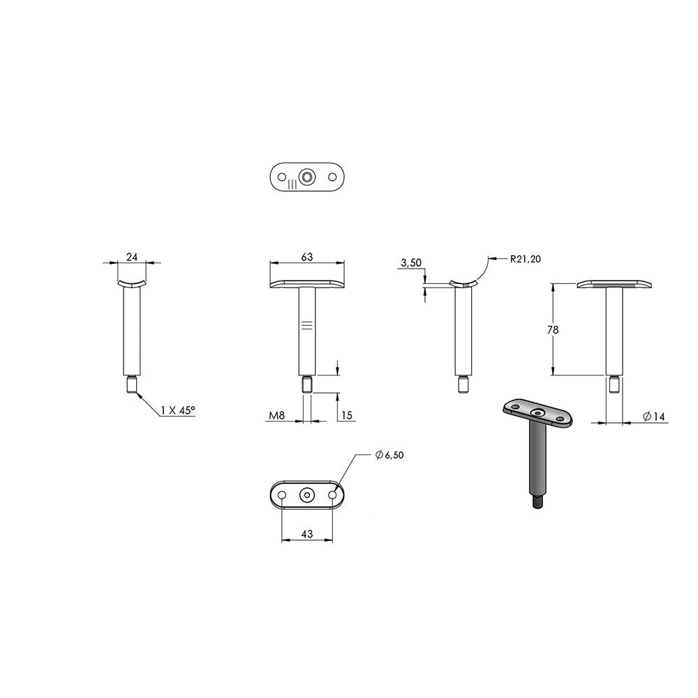 Stift ø 14mm mit M8 Gewinde und Halteplatte für ø 42,4mm Rohr, Höhe 78mm