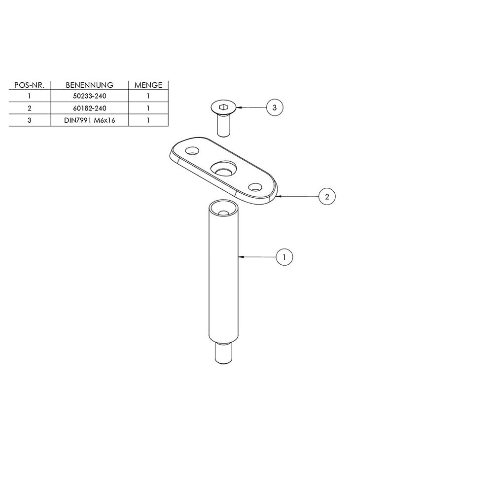 Stift ø 14mm mit M8 Gewinde und Halteplatte für ø 42,4mm Rohr, Höhe 78mm