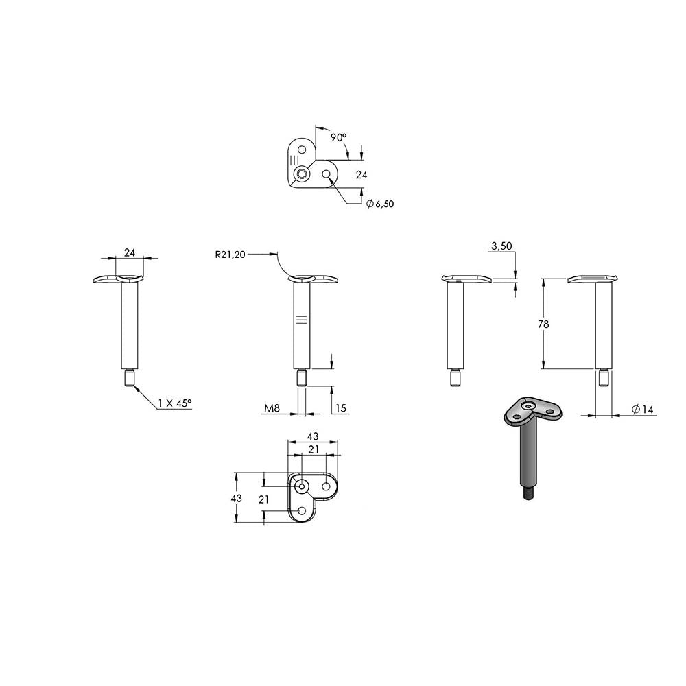 Stift ø 14mm mit M8 Gewinde und 90° Halteplatte für ø 42,4mm Rohr, Höhe 78mm