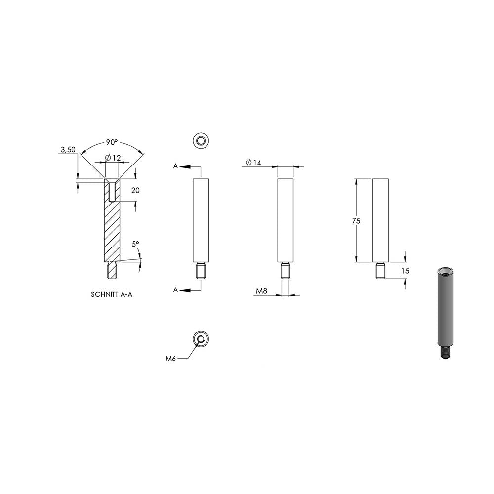 Stift ø 14mm mit M8 Gewinde und 90° Halteplatte für ø 42,4mm Rohr, Höhe 78mm