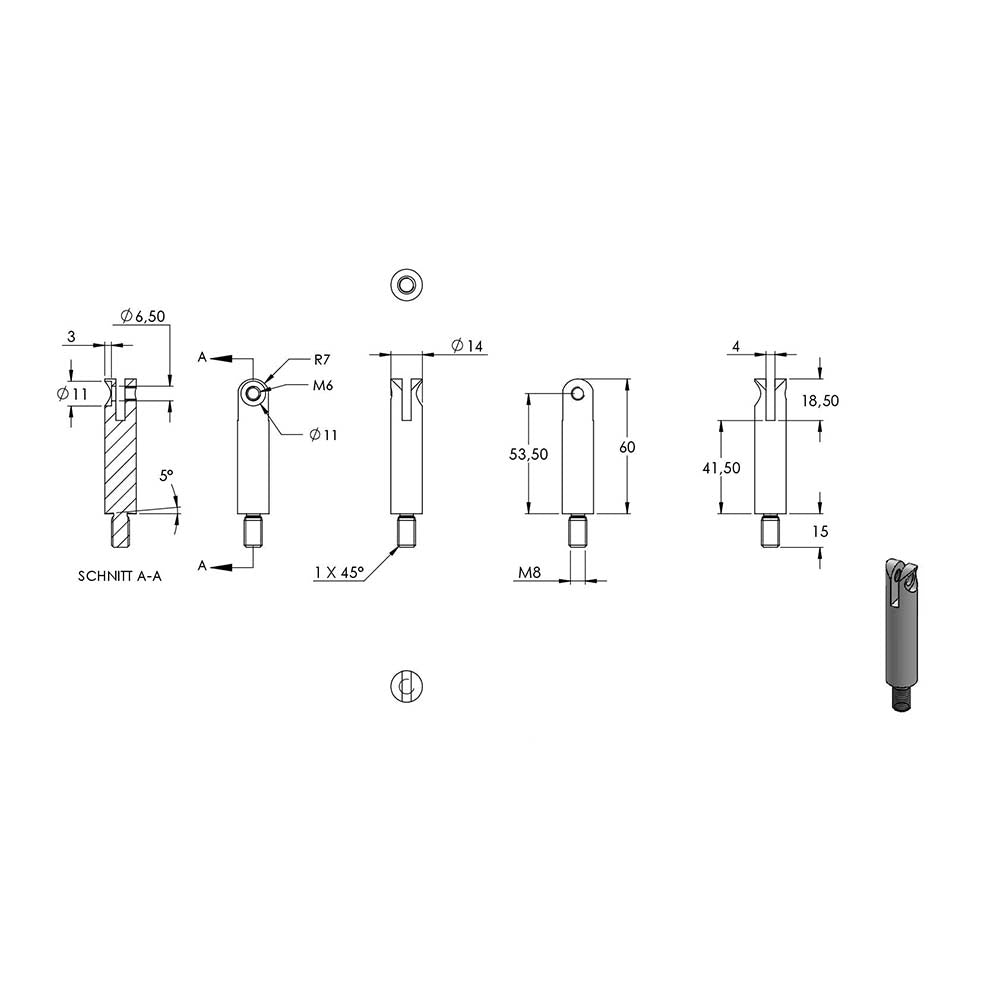 Stift ø 14mm mit M8 Gewinde und Halteplatte flexibel für Vierkant-Rohr, Höhe 78mm