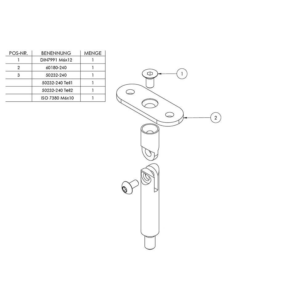 Stift ø 14mm mit M8 Gewinde und Halteplatte flexibel für Vierkant-Rohr, Höhe 78mm
