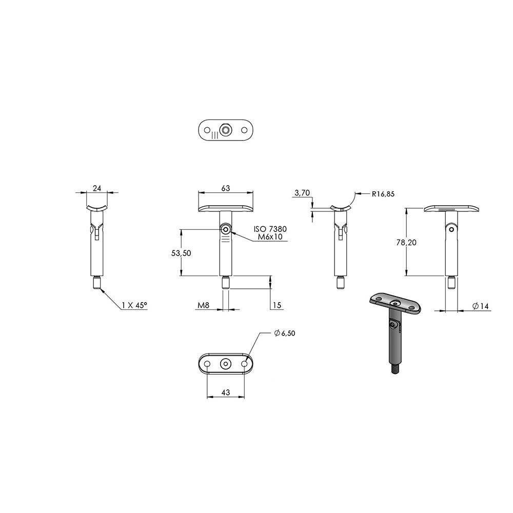 Stift ø 14mm mit M8 Gewinde und Halteplatte flexibel für ø 33,7mm Rohr, Höhe 78mm