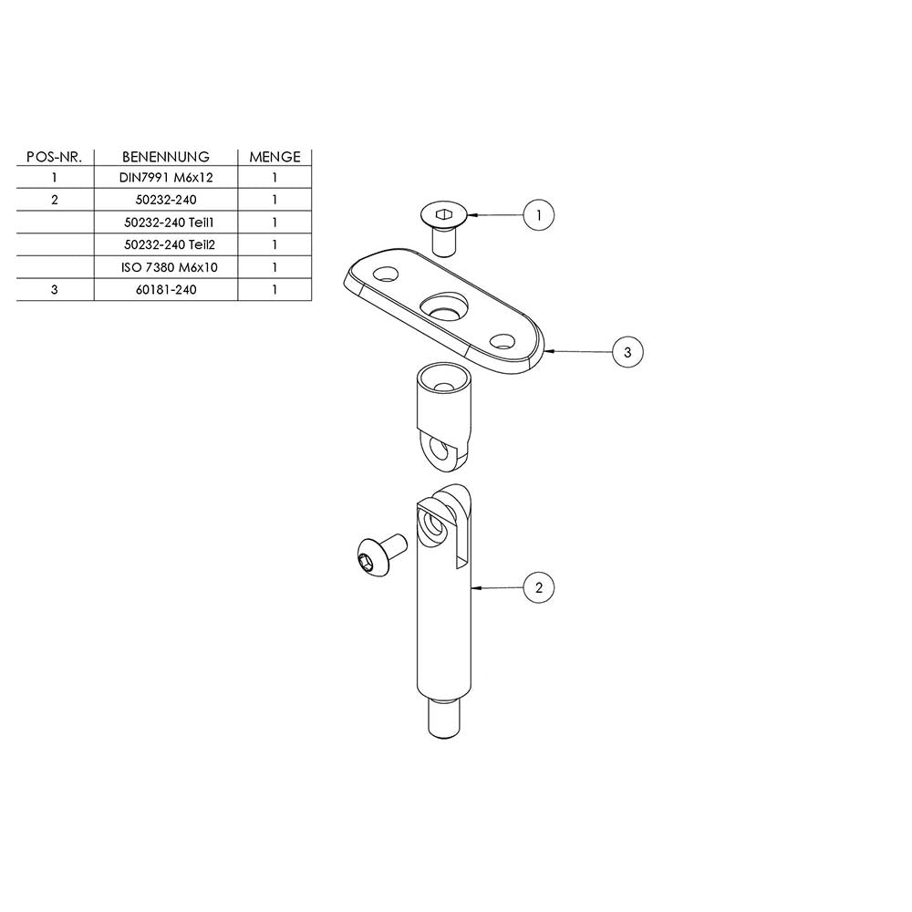 Stift ø 14mm mit M8 Gewinde und Halteplatte flexibel für ø 33,7mm Rohr, Höhe 78mm