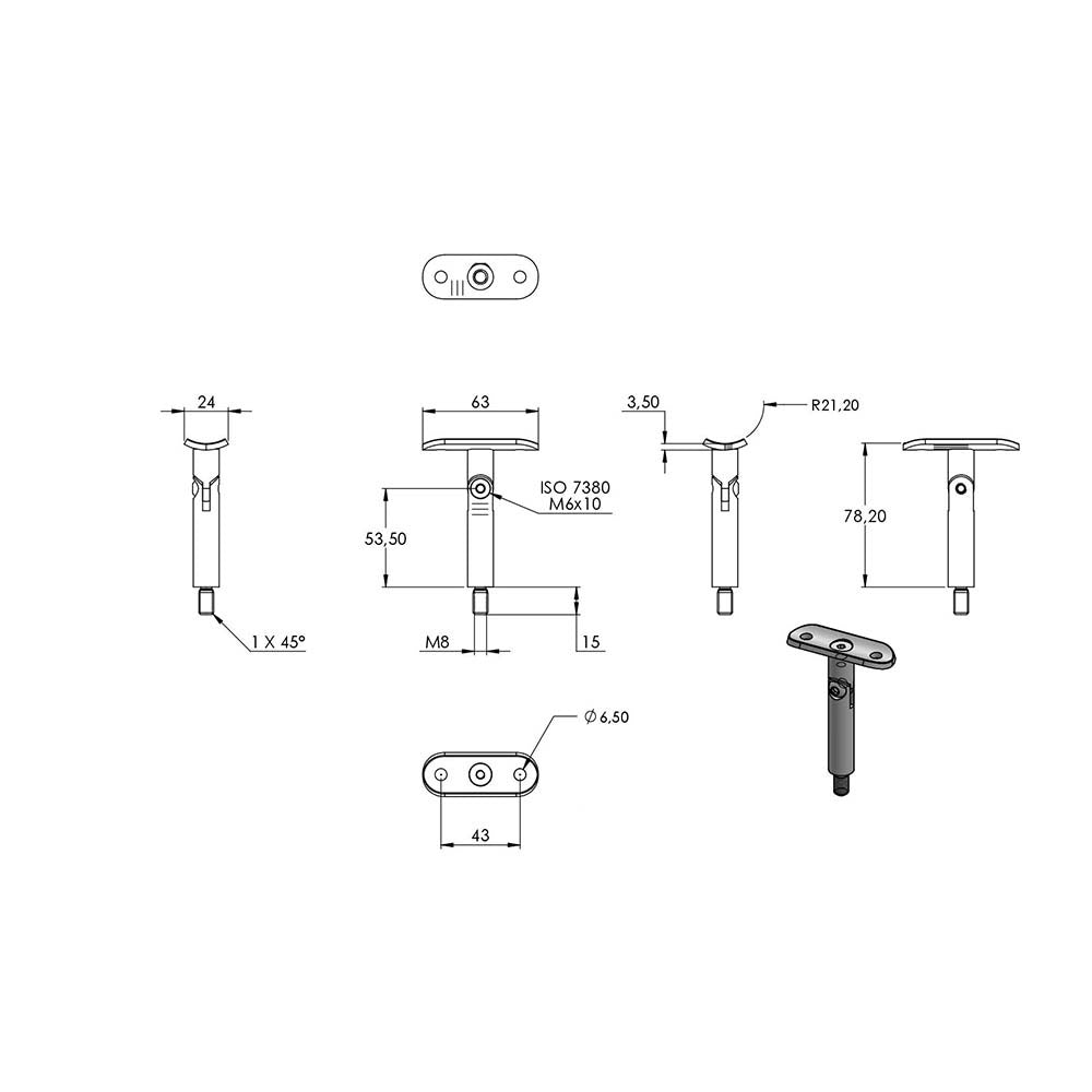 Stift ø 14mm mit M8 Gewinde und Halteplatte flexibel für ø 42,4mm Rohr, Höhe 78mm