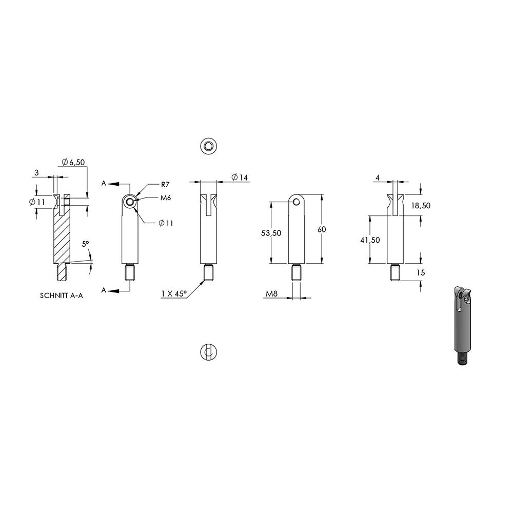 Stift ø 14mm mit M8 Gewinde und Halteplatte flexibel für ø 42,4mm Rohr, Höhe 78mm