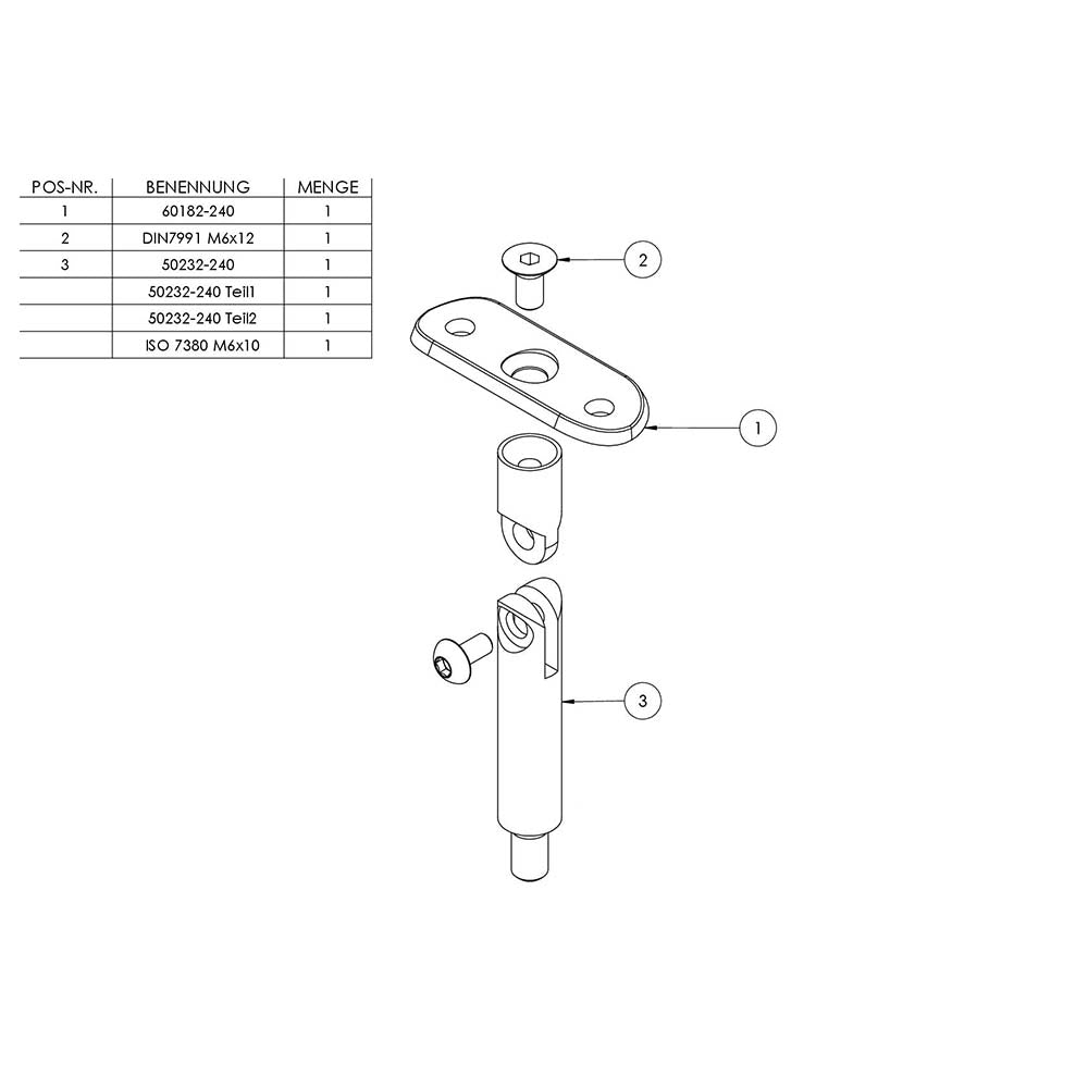 Stift ø 14mm mit M8 Gewinde und Halteplatte flexibel für ø 42,4mm Rohr, Höhe 78mm
