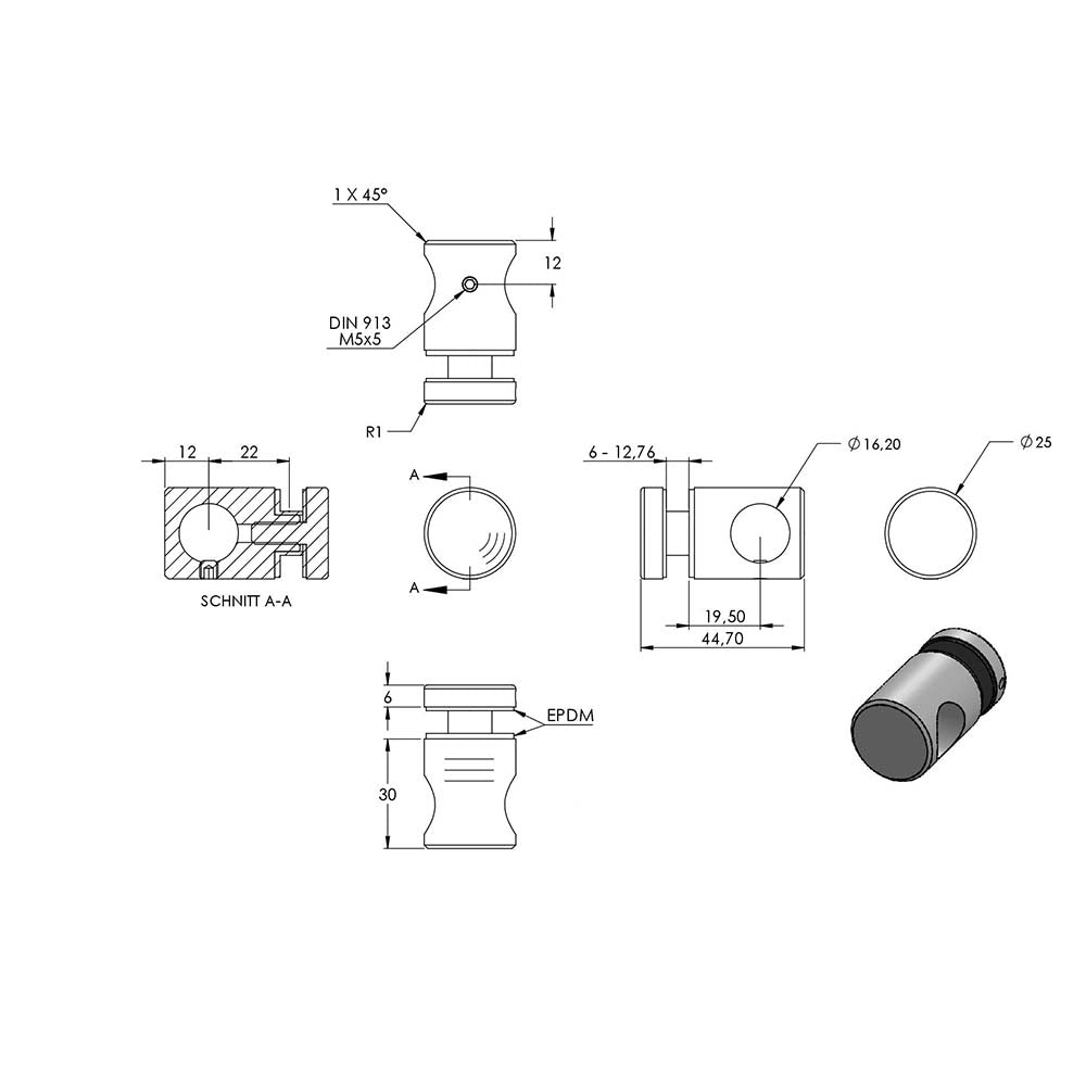 Querstabhalter-Glashalter, für Stab ø 16 mm, für 6-12,76mm Glas