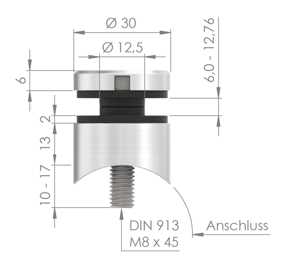 Glas-Punkthalter ø 30mm für Glas 6,0-12,76mm, Anschluss ø 48,3mm
