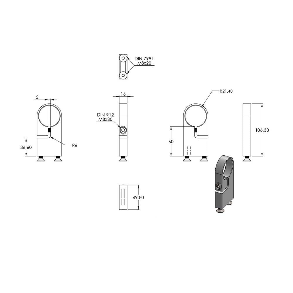 Edelstahl-Spannring, für Rohr ø 42,4mm, Wandabstand 60mm
