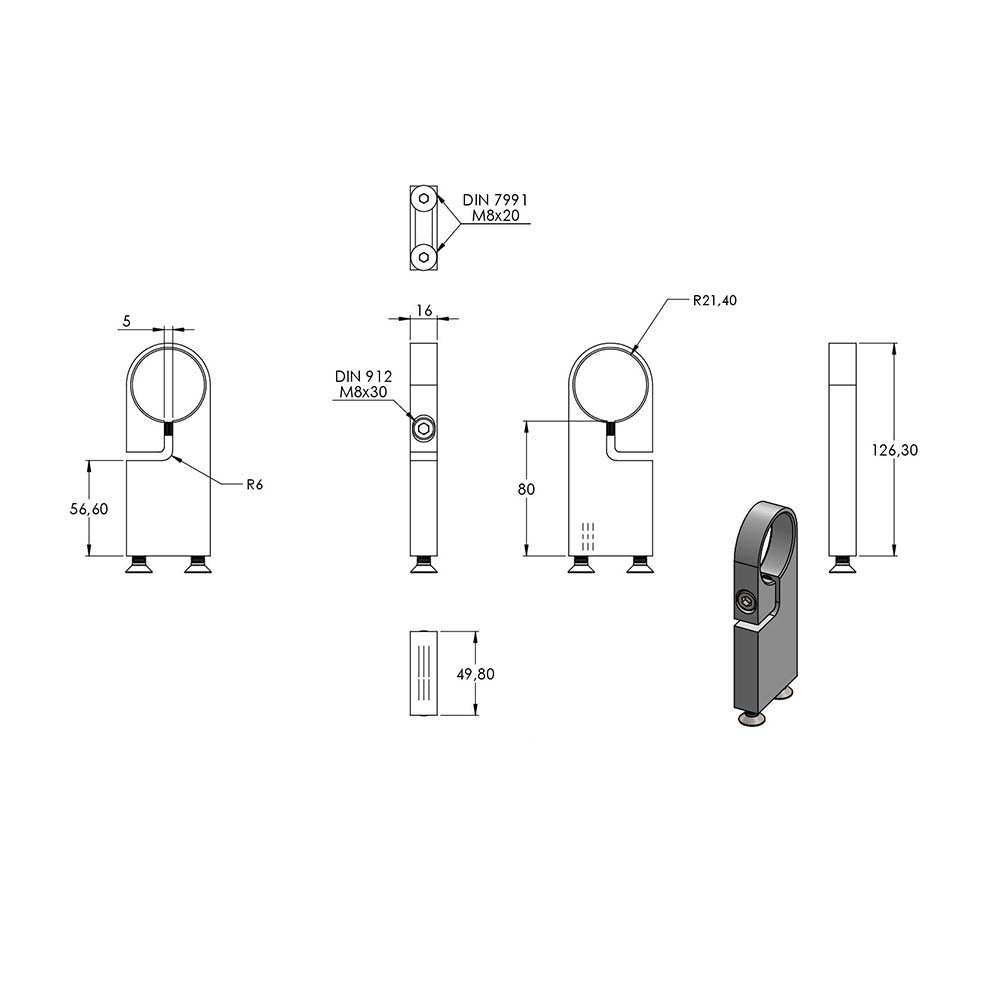 Edelstahl-Spannring, für Rohr ø 42,4mm, Wandabstand 80mm