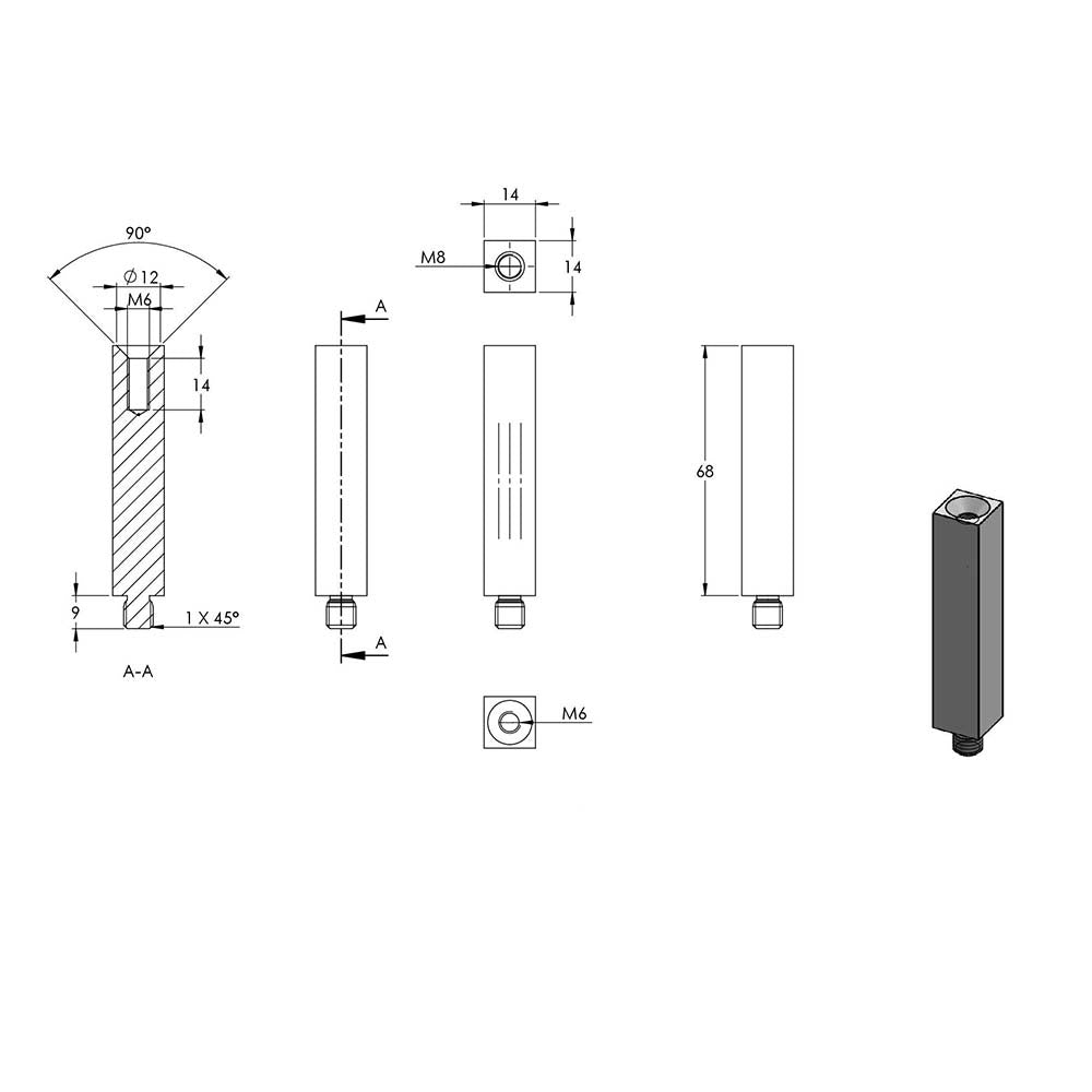 14 x 14mm Vierkant-Stift, mit M8 x 9mm Außengewinde unten und M6 x 15mm Innengewinde oben, Länge 68mm