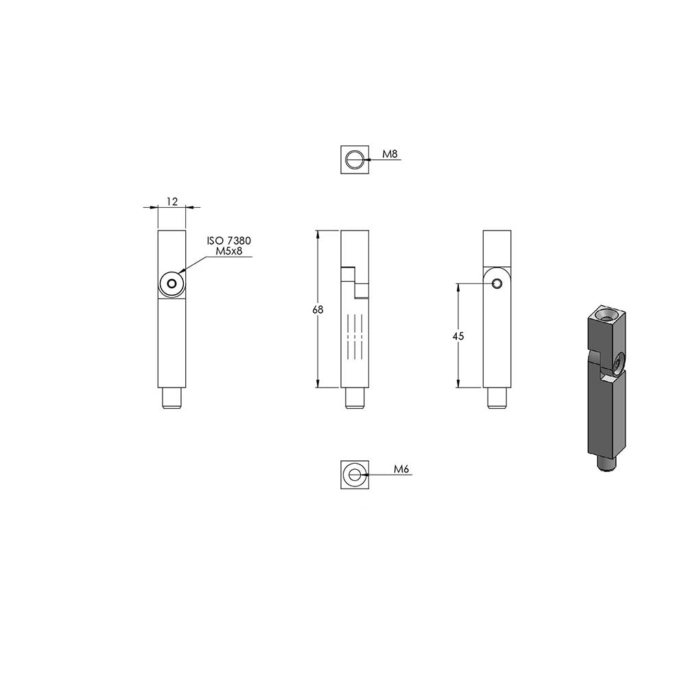 12 x 12mm Vierkant-Stift mit Gelenk, mit M8 x 9mm Außengewinde unten und M6 x 15mm Innengewinde oben, Länge 68mm