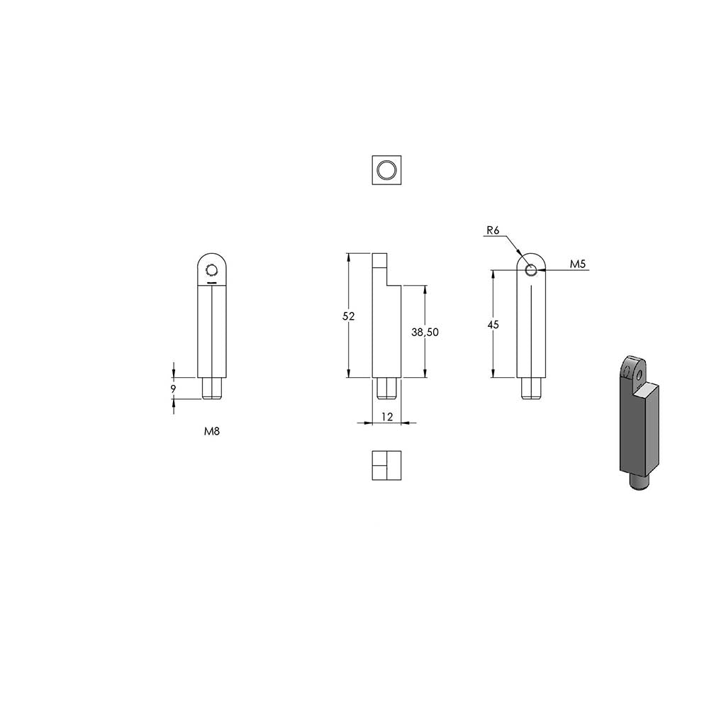 12 x 12mm Vierkant-Stift mit Gelenk, mit M8 x 9mm Außengewinde unten und M6 x 15mm Innengewinde oben, Länge 68mm