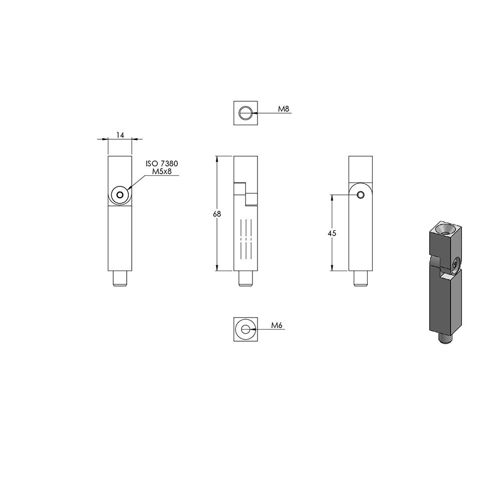 14 x 14mm Vierkant-Stift mit Gelenk, mit M8 x 9mm Außengewinde unten und M6 x 15mm Innengewinde oben, Länge 68mm
