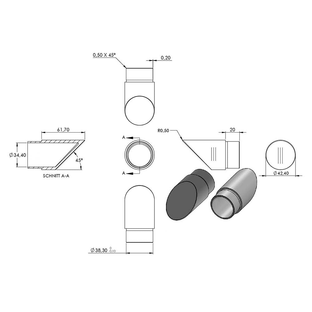 Endstück 45° abgeschrägt, zum Stecken und Kleben, für Rohr 42,4 x 2,0mm